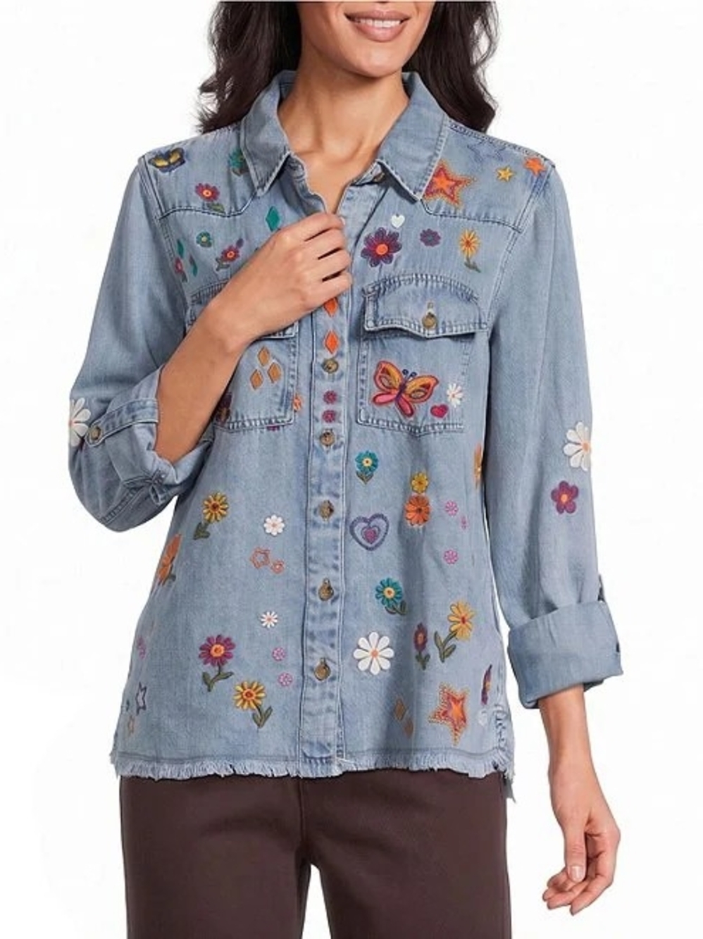 John Mark Light Blue Embroidered Denim Button-Down Shirt